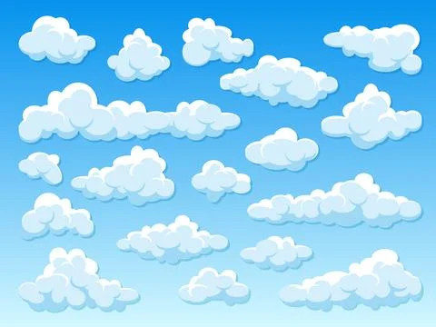 Various round clouds with shadow on blue gradient background. Summer sky Stock Illustration