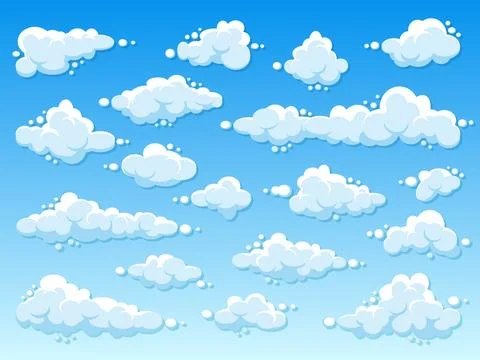 Various round clouds with shadow on blue gradient background. Summer sky Stock Illustration