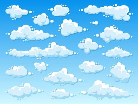 Various round clouds with shadow on blue gradient background. Summer sky Stock Illustration