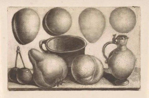 Various round objects. Eggs, cherries, a pear, a peach, a pot and a can. C... Stock Photos
