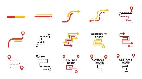 Various route and path icons showing direction and progress for navigation .. Stock Illustration