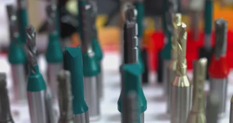 Various router bits for woodworking displayed Video stock 327132374