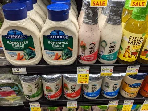 Various Salad Dressing Bottles Available for Purchase Fotos Stock