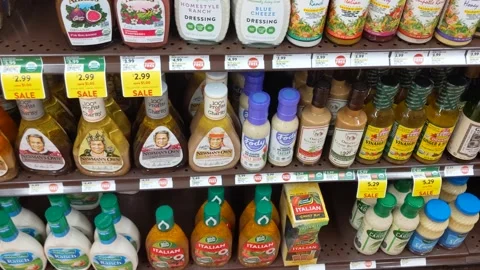 Various Salad Dressing Bottles Stock Footage 142242974