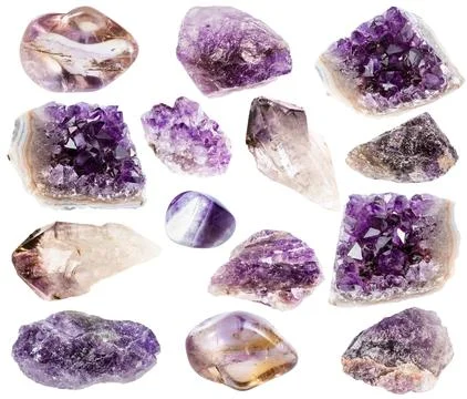 Various samples of raw amethyst minerals isolated Stock Photos