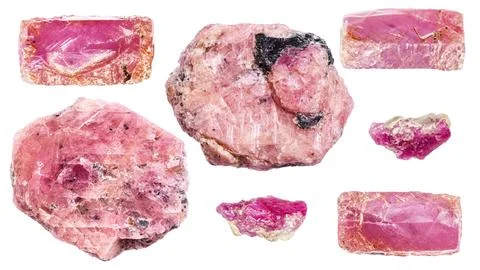 Various samples of raw ruby minerals isolated Foto stock