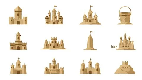 Various sandcastle architectural styles vector icons for summer beach activ.. Illustrazione stock