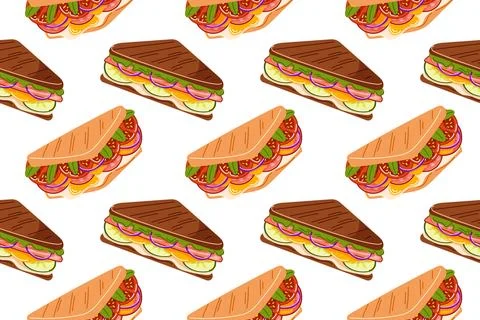 Various sandwiches seamless pattern in flat style. Perfect for kitchen design Stock Illustration
