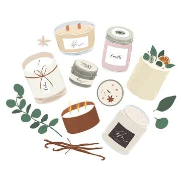 Various scented candles, burning aromatic candles in glass, aluminum jars, home Stock-Illustration