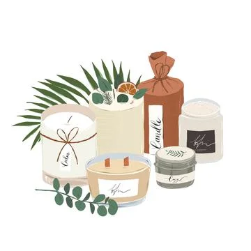 Various scented candles collection, perfumed natural wax soy candle in glass jar Stock Illustration