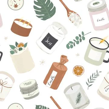 Various scented candles, seamless vector pattern, natural wax aromatic candles Stock Illustration
