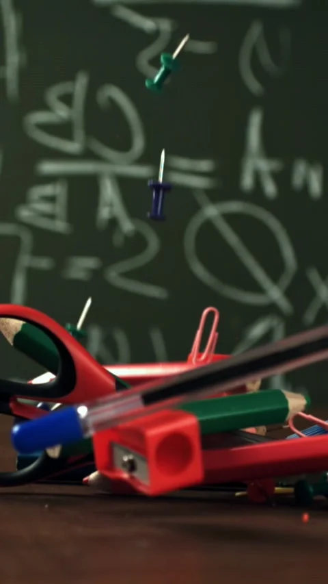 Various school tools fall on the desk. Filmed on a high-speed camera at 1000 fps Stock Footage 335374523
