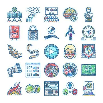 Various scribble style vector icons depicting diverse concepts Stock Illustration