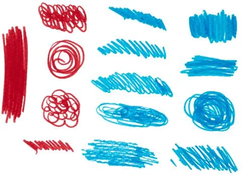 Various scribbles and strokes made with red and blue marker on isolated bac.. Stock Photos