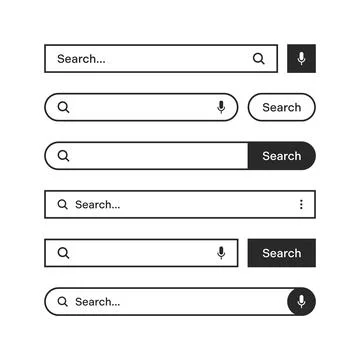 Various search bars with outline border. Internet browser engine with search box Illustrazione stock