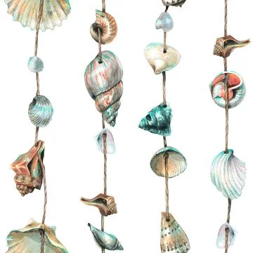 Various seashells are round, spiral, suspended on ropes. Marine garlands for Stock Illustration