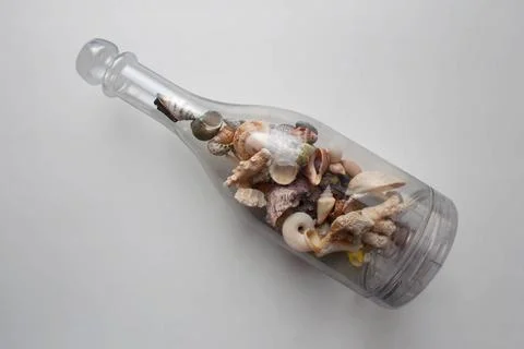 Various seashells inside bottle container Collection of various seashells ... 库存照片