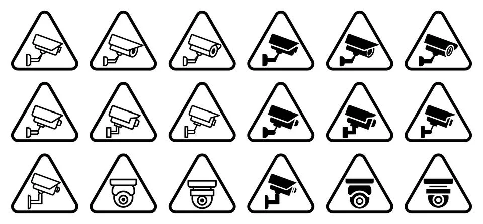 Various Security Camera Icons in Triangle Shape for Safety Awareness Stock Illustration