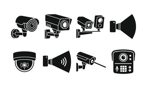 Various security camera surveillance hardware items in flat style 스톡 일러스트
