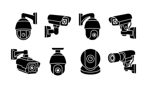 Various security surveillance cameras depicted in solid black style. Stock-Illustration