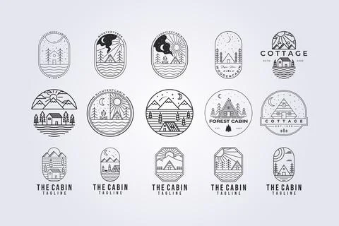 Various set and bundle cottage cabin barn line art logo vector illustration d Stock Illustration