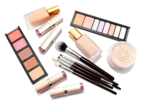 Various set of professional makeup brushes and cosmetics and palette of colou Foto stock