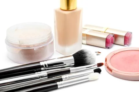 Various set of professional makeup brushes and cosmetics isolated Stock Photos