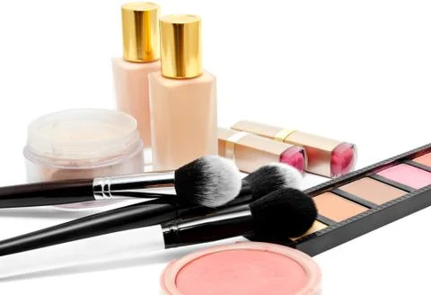 Various set of professional makeup brushes and cosmetics and palette of colou Stock Photos