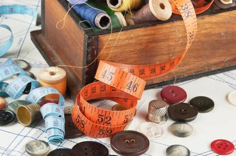 Various sewing accessories in the scheme Stock-Fotos