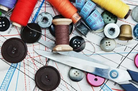 Various sewing accessories in the scheme Stock Photos