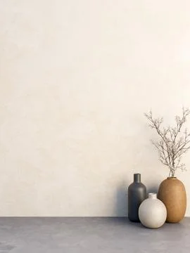 Various shape flower vases on grey cement or stone floor aside peeled old w.. Stock Illustration