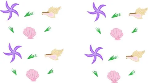 Various shells and starfish. Summer background design with marine animals. The Stock Illustration