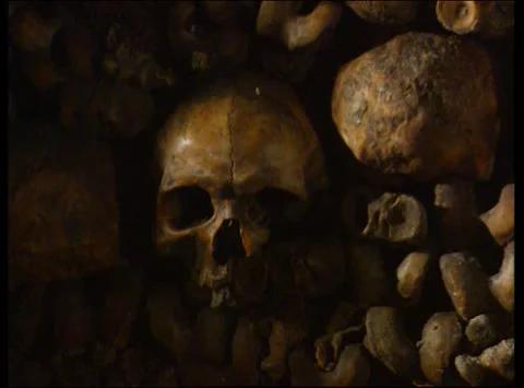 Various shots of Paris catacombs filled with bones of deceased people, 1992 Stock Footage 164340707
