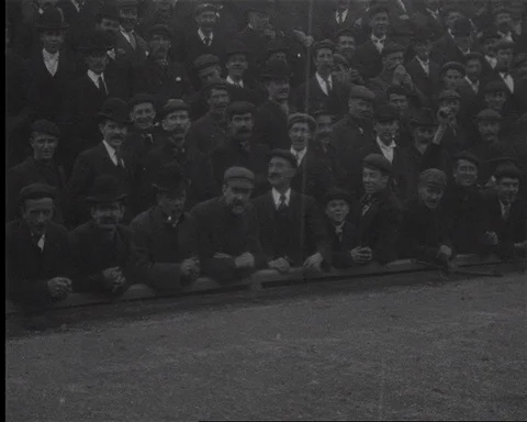 Various shots of spectators observing Hull vs Wigan rugby match, UK 1902 Stock Footage 136821766
