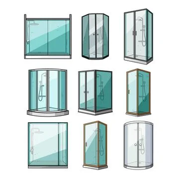 Various shower cabins featuring modern bathroom design elements イラスト素材