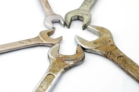 Various sizes of old wrenches Stock Photos
