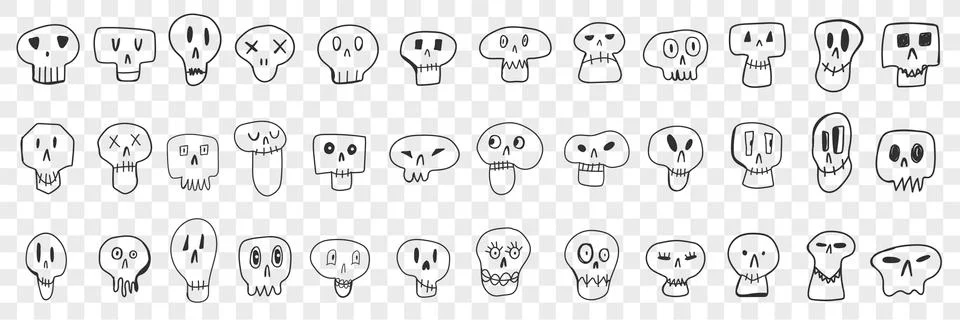 Various skull faces doodle set Stock Illustration
