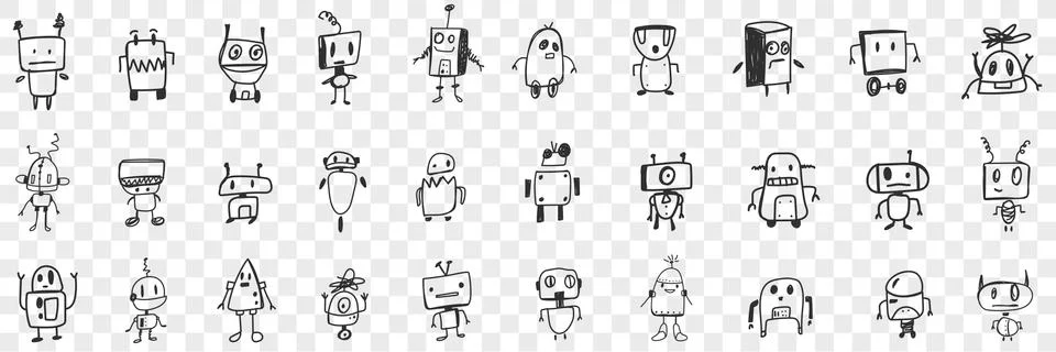 Various smart robots doodle set Stock Illustration