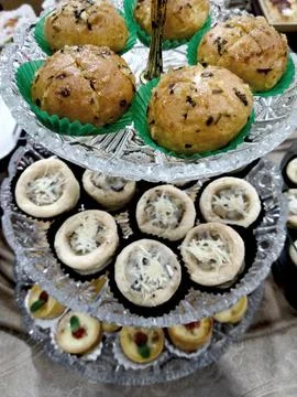 Various snacks and cakes on the table. banquet decoration. Stock Photos