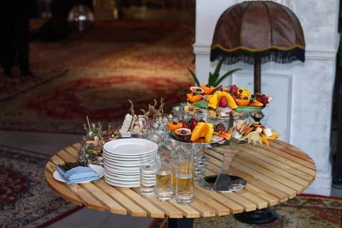 Various snacks and drinks on the table at the event Stock Photos