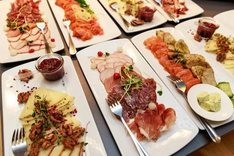 Various snacks at the hotel breakfast buffet. Stock Photos