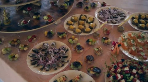 Various snacks at the wedding table, the camera moves smoothly. Video stock 66557792