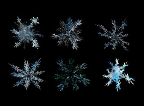 Various snowflakes on black background, 3d render Illustrazione stock