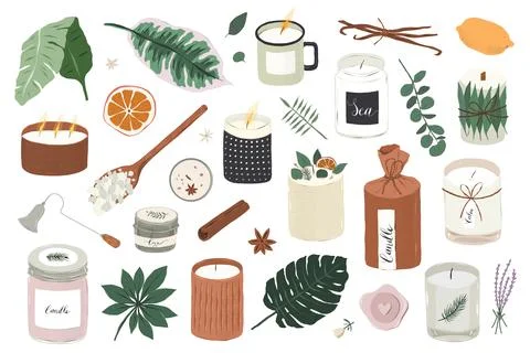 Various soy candles, different scented candles, natural soy wax aromatherapy Stock Illustration