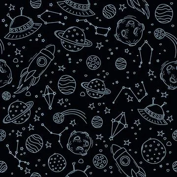 Various space objects. Pattern with space on a black background. Stock Illustration