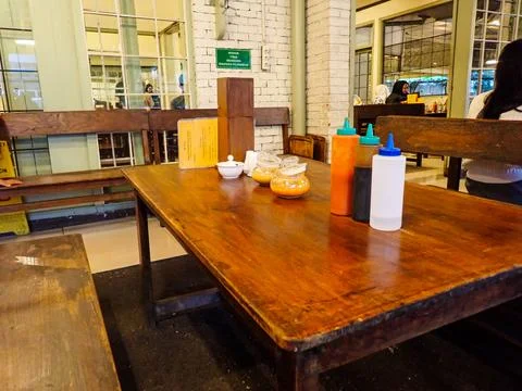 Various spices and sauces on the restaurant table Foto stock