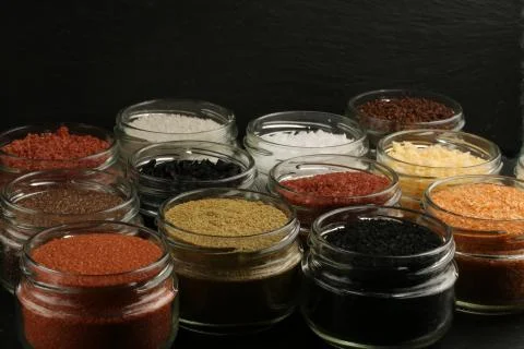 Various spices on black background. Close up Stock Photos