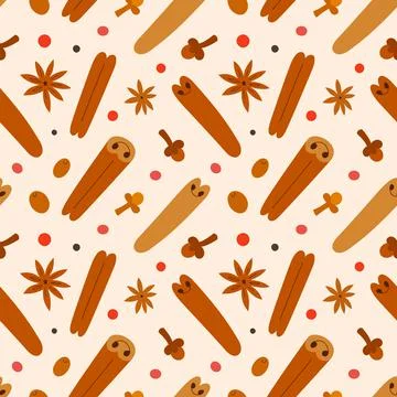 Various spices pattern, cinnamon rolls, anise star and clove seasoning, hand Stock Illustration