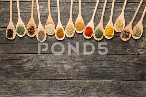 Various Spices In Wooden Spoons.