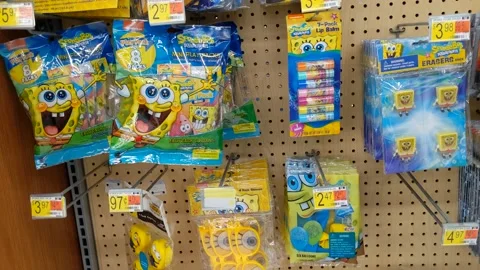 Various Spongebob Party Merchandise Available for Purchase Stock Footage 153759386